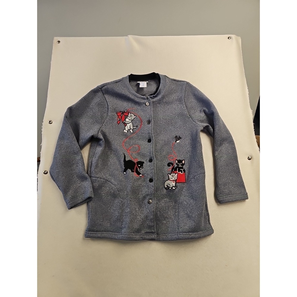 Blair Womens Blue Gray Fleece Snap Front Cat Embroidered Cardigan Jacket‎ Large